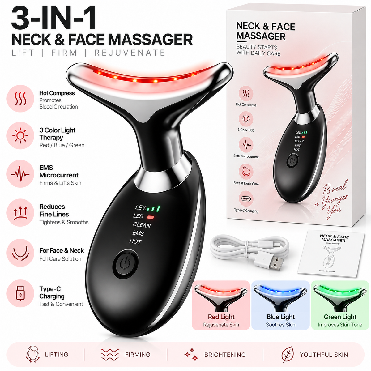 Rechargeable Neck & Face Massager | EMS, Vibration & LED