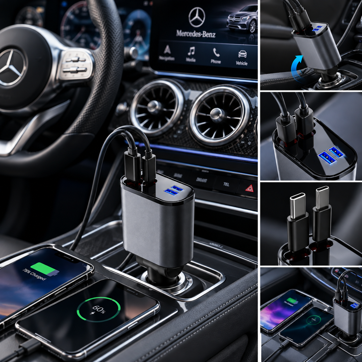 4-in-1 Car Charger 120W | Retractable Fast Charging Cable