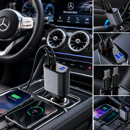 4-in-1 Car Charger 120W | Retractable Fast Charging Cable