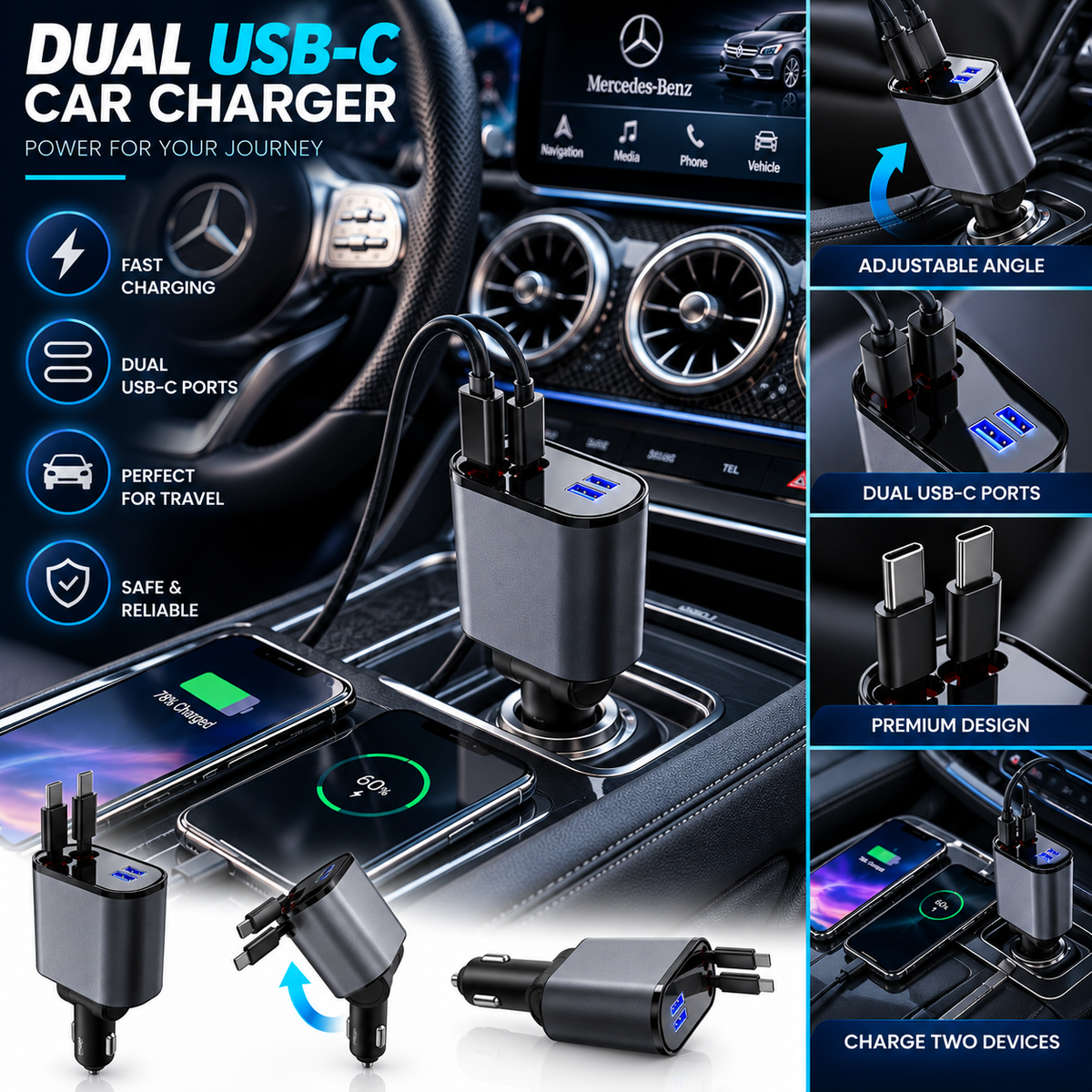 4-in-1 Car Charger 120W | Retractable Fast Charging Cable
