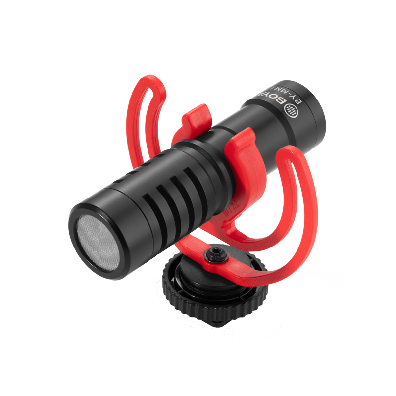 BOYA BY-MM1 on camera with shock mount